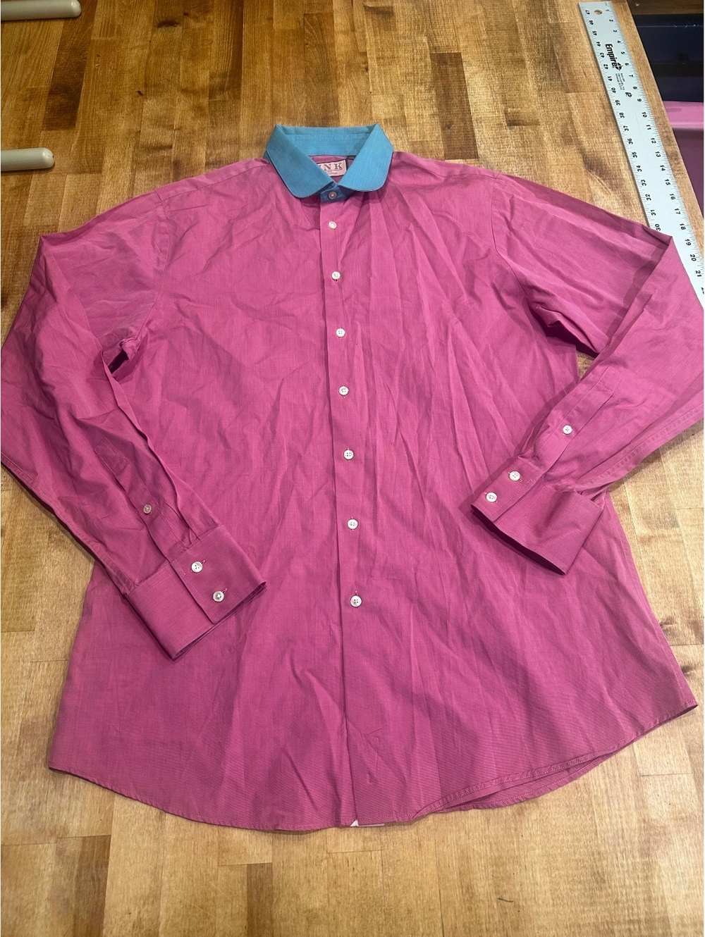PINK Thomas Pink Men's Superfine Italian 120s Dress Shirt - Pink with Blue Contr
